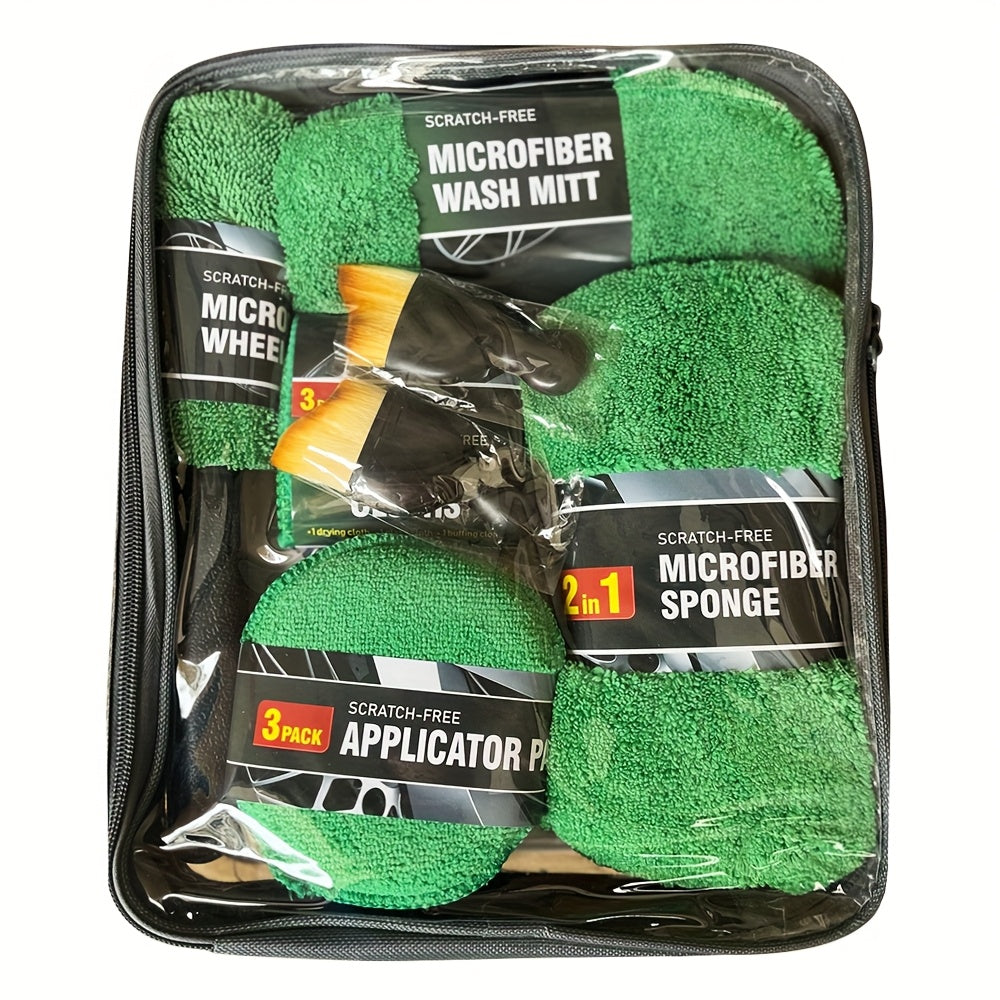 An 11pcs Car Cleaning Kit That Includes A Tire Brush, Microfiber Cleaning Gloves, Scratch Removal Pads, and Detailing Sponges for Both Interior and Exterior Care, Making It An Excellent Choice for Car Cleaning.