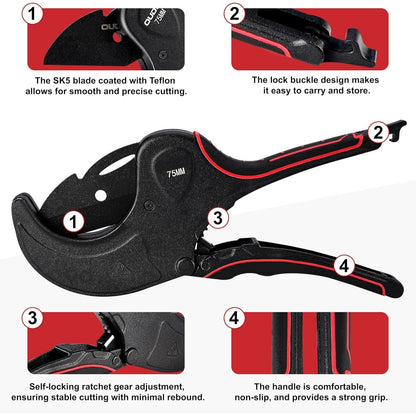 Professional PVC Pipe Cutter - Self-Locking Ratchet Pipe Cutting Tool for Hot-Melt Tubes, Durable Water Pipe Shears for Precise Pipe Cutting