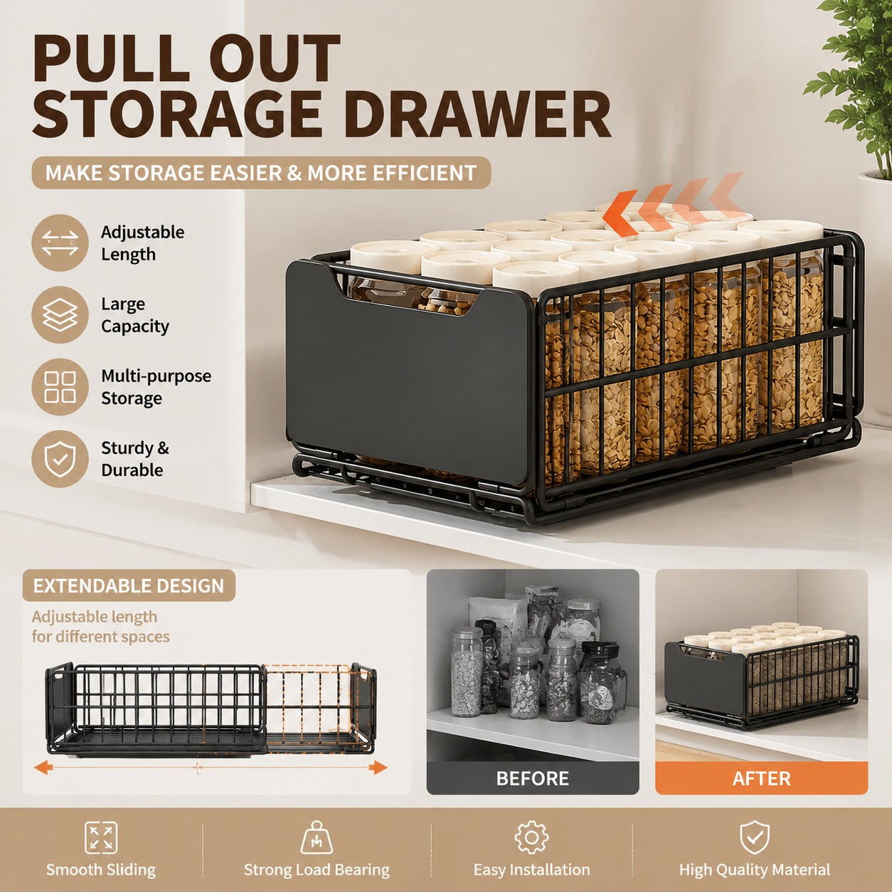 Foldable Expandable Pull-Out Basket - No Drilling Kitchen Under Sink Storage Rack, Pot and Pan Cabinet Organizer, Layered Drawer Shelf for Efficient Space Saving