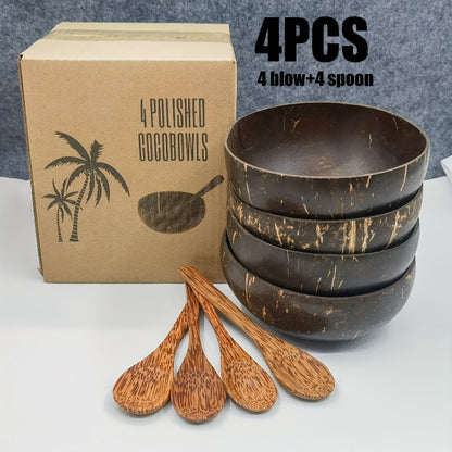 coconut bowls with wooden spoons -- Coconut shell bowls, suitable for serving yogurt, salad, or ice cream.