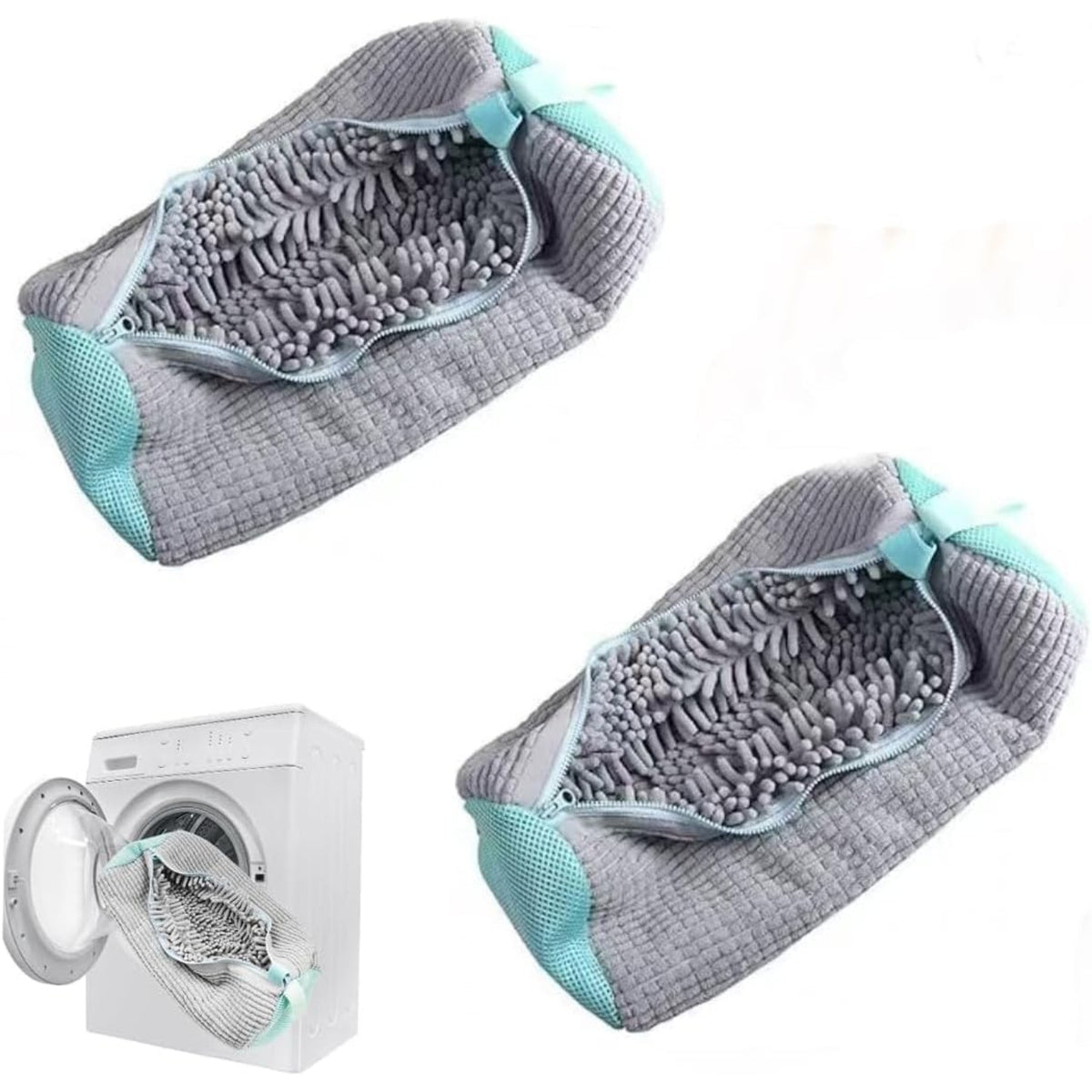 Shoe Washing Machine Bag, 2Pcs Set Reusable Sneaker Laundry Bag with Fluffy Chenille Microfiber 360° Deep Cleaning & Durable Zipper, Yellow/Blue/Grey Soft Mesh, for Sneakers Running Shoes Washer & Dryer