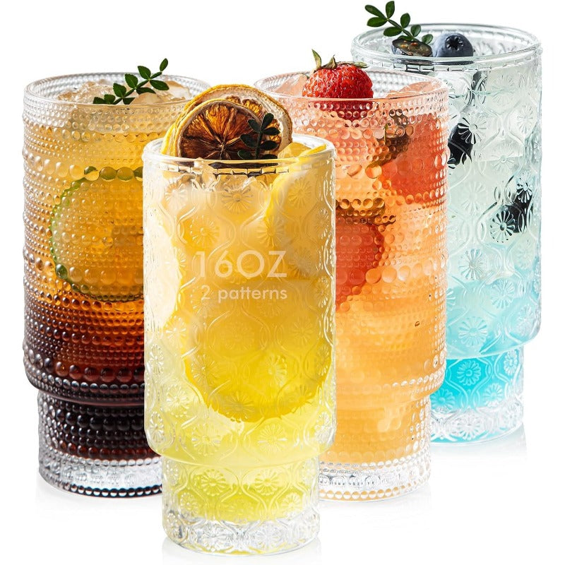 Drinking Glasses Set of 4, Textured Flower Design Cocktail Glasses, Stackable Old Fashioned Glass Cups, Vintage Glassware for a baby Shower Wedding for Kitchen and Bar - Dishwasher Clear