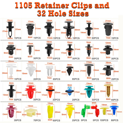 1240Pcs Car Clips Kit Bumper Fender Rivets for Toyota GM Ford | 32 Popular Sizes, Nylon Plastic, 10 Cable Ties, Door Panel Clips, 4 Remover Tools