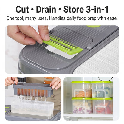 Vegetable Chopper, 16-in-1 Vegetable Dicer with Stainless Steel Chopping Board Top Panel & 4 Storage Drawers Hand Guard Peeler, Grey Green Stainless Steel, for Onion Garlic Salad Prep Home Kitchen