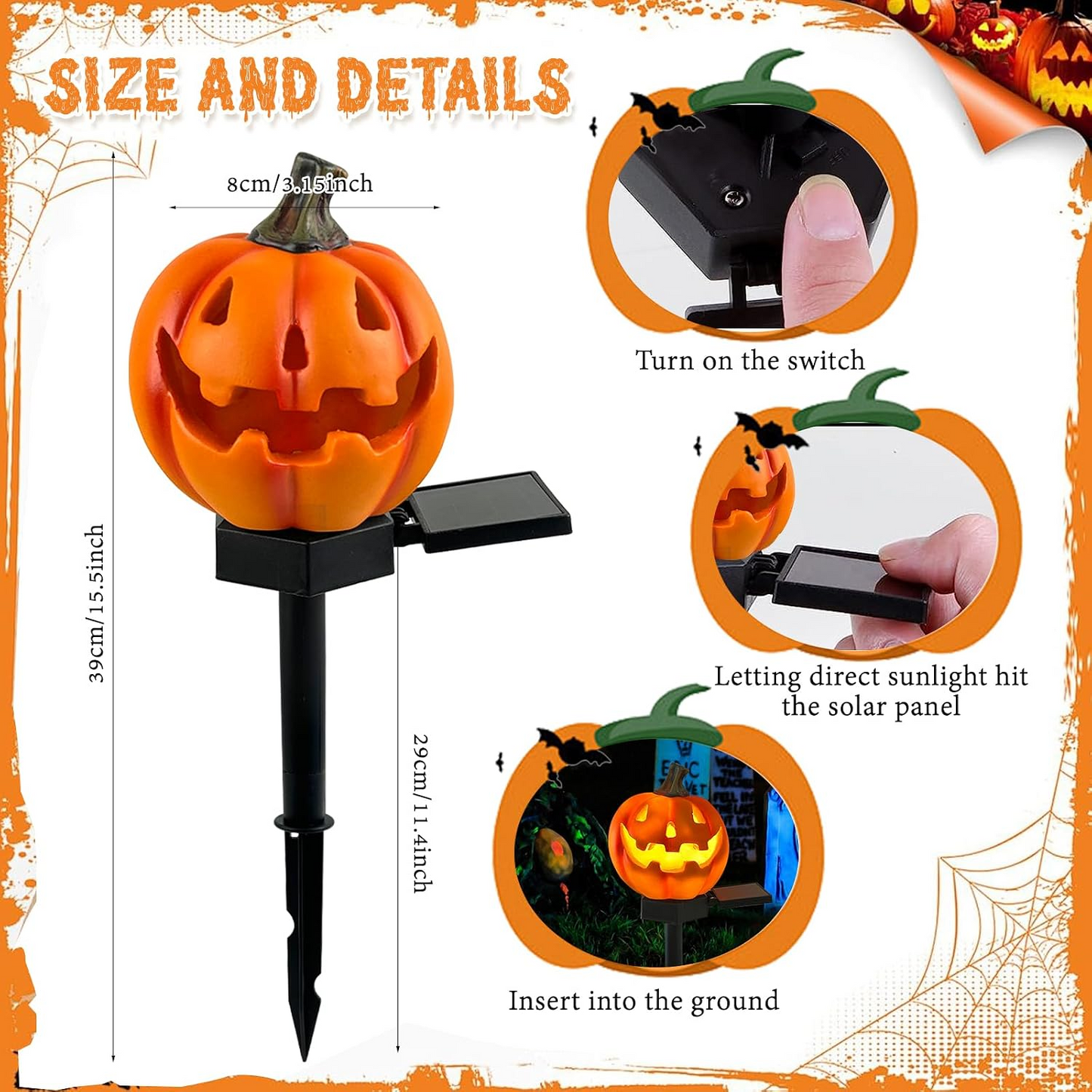Solar Pumpkin Lights, 3 & 6 Pack 15.5"*3.15" Halloween Pathway Stake Lights Waterproof Solar Powered Jack-O'-Lantern, Orange & Black Plastic, for Outdoor Lawn Yard Garden Spooky Decor