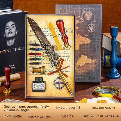 Fountain Pen Gift Set, Vintage Gear Feather Quill Pen 9.84" with Ink Bottle, 5 Ink Cartridges, Wax Seal, Metal Pen Holder and Gift Box, Retro Calligraphy Writing Set for Office, School and Gifts