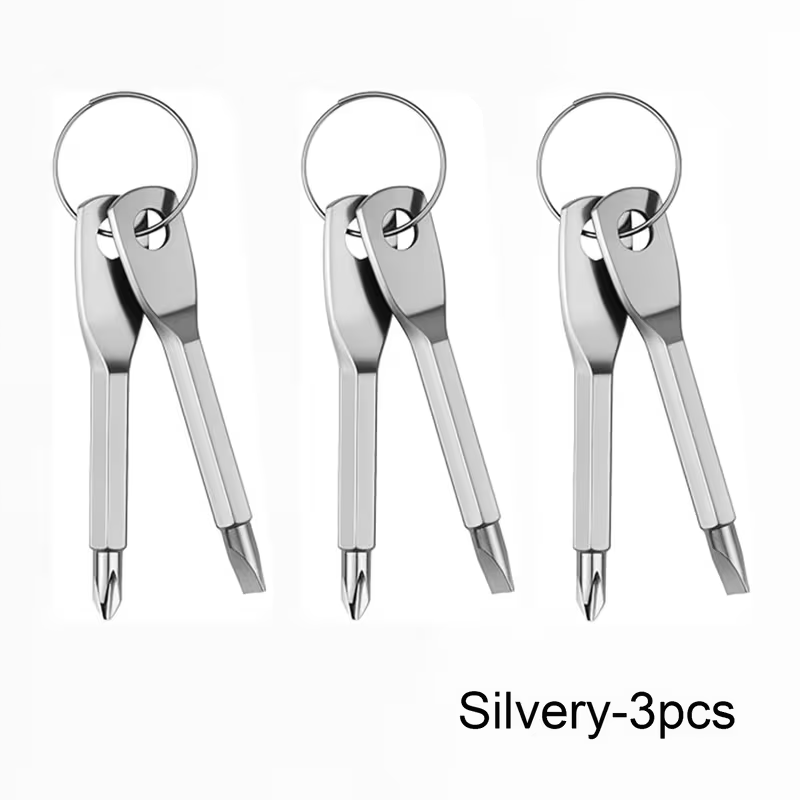 Keychain Screwdriver Set, 3Pcs Mini Portable Key Shaped Screwdriver Tool with Key Ring (1 Slotted + 1 Phillips), Black/Silver Stainless Steel, for Car Repair Outdoor EDC Home Emergency