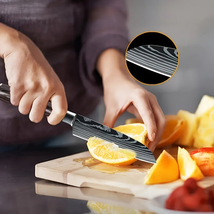 Six Piece Professional Damascus Steel Kitchen Knife Set - All Stainless Steel, With Laser Engraved Patterns, Including Debonding And Slicing Knives, Suitable For Home Use, Comes With A Knife Holder.