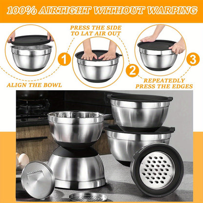 Kitchen Stainless Steel Mixing Bowl Set With Sealed Lids & Graters Rustproof Bowls For Mixing Kneading Serving Salad