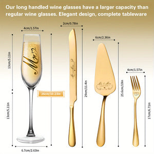 6pcs-Mr and Mrs Champagne Flutes, Bride and Groom Champagne Glasses, Wedding Cake Knife and Server Set, Cake Cutting Set for Wedding, Bridal Shower Gifts, Engagement Gifts for Couples
