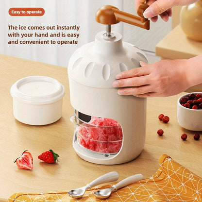 Manual ice shaver with stainless steel blades, allows you to vigorously make ice cream, shaved ice, and fruit smoothies, suitable for home use, an essential tool for shaved ice in the hot summer.