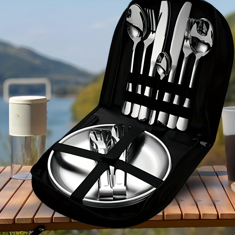 10 piece stainless steel camping utensil set - portable and durable outdoor picnic utensil, including plates, forks, spoons, and cups - suitable for hiking, backpacking, and camping adventures - perfect for outdoor dining essentials
