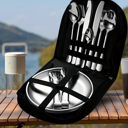 10 piece stainless steel camping utensil set - portable and durable outdoor picnic utensil, including plates, forks, spoons, and cups - suitable for hiking, backpacking, and camping adventures - perfect for outdoor dining essentials