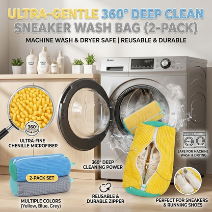 Shoe Washing Machine Bag, 2Pcs Set Reusable Sneaker Laundry Bag with Fluffy Chenille Microfiber 360° Deep Cleaning & Durable Zipper, Yellow/Blue/Grey Soft Mesh, for Sneakers Running Shoes Washer & Dryer
