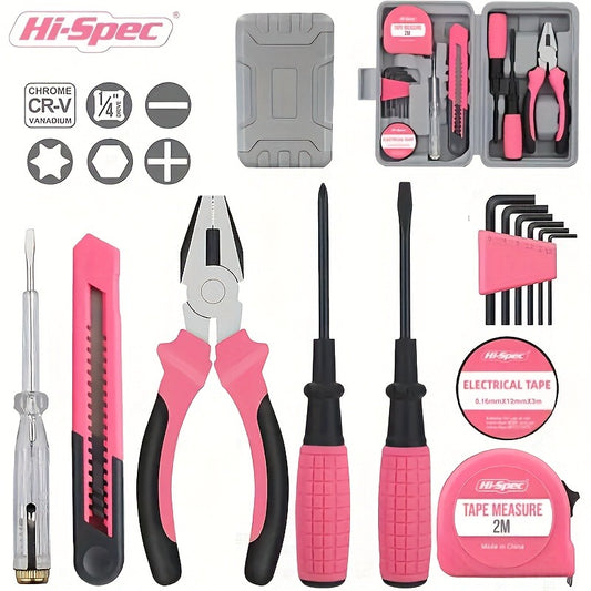 13-Piece High-Specification Pink Portable Multi-Tool Set - Portable DIY Tool Set with Screwdriver, Tape Measure, Voltage Tester, Electrical Tape, Pliers, Utility Knife - Heavy-Duty Metal Hand Tools for Home, Compact (Pink & Black) Gift, Tool Box