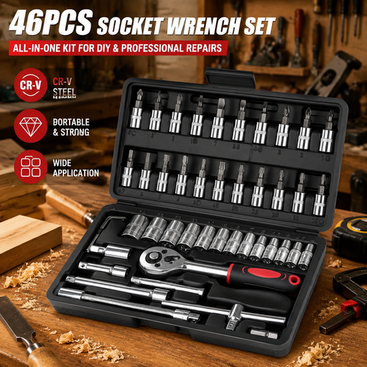 46PCS 1/4 Inches Ratchet Socket Wrench Set, Metric Socket Ratchet Wrenches Set, Ratcheting Wrench Tool Sets for Men, Premium Small Car Tool Kit for Automotive, Household Maintenance and Repairs