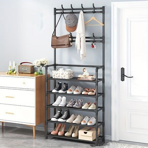 Simple Houseware Coat Rack with Shelf, Standing Hall Tree with Hooks, Black | For Entryway, Bedroom, Office, Black Metal Clothes Hanger Stand for Coats, Hats, Jackets, Bags