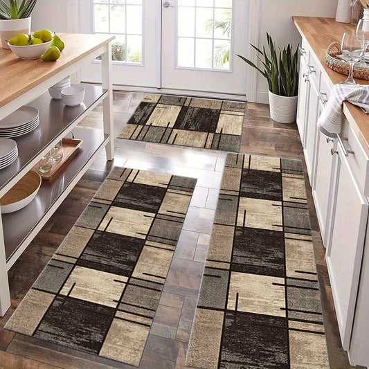 Rug Hallway Runner Rug Washable Kitchen Runner Rugs with Rubber Backing Brown Plaid Vintage Rug for Entryway Indoor, Kitchen, Laundry, Bedroom