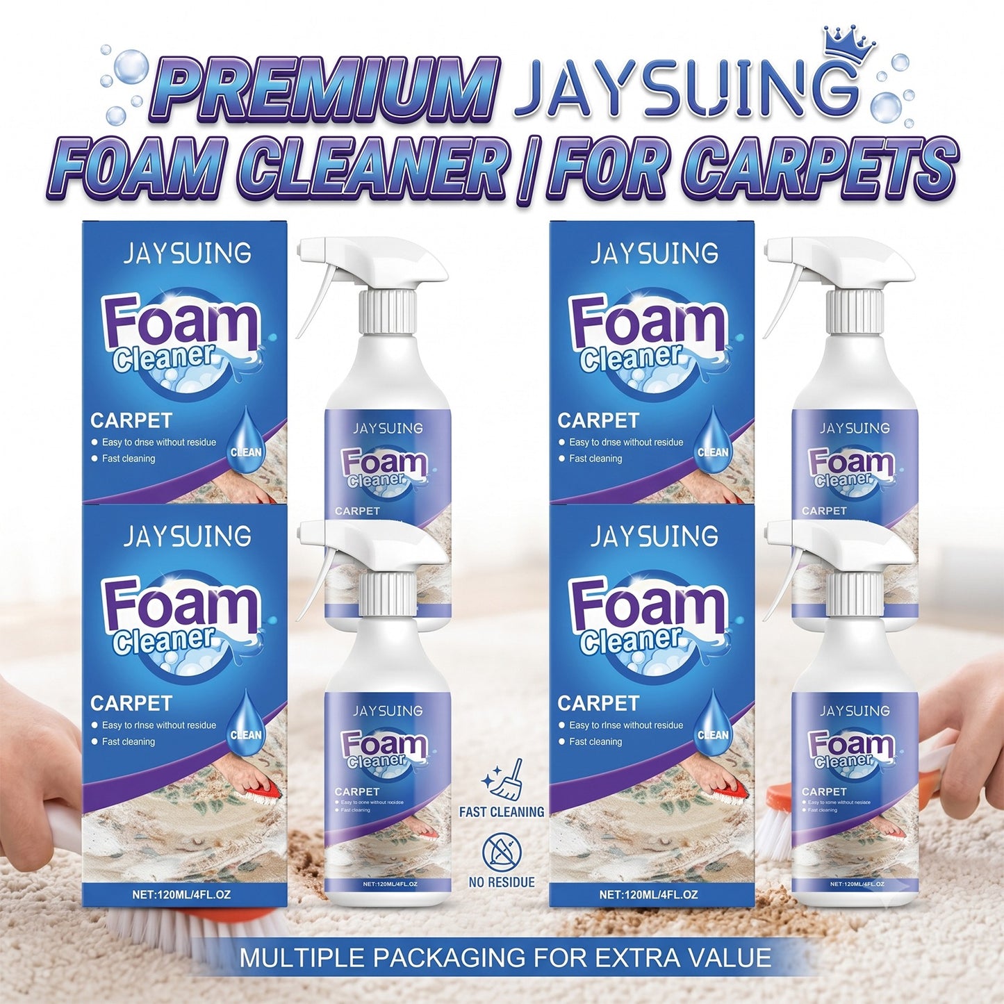 Carpet Stain Remover Spray Foam Cleaner, 4Pcs (4x120ml) Fast Acting Deep Cleaning Foam No Residue, White Bottle Foam Liquid, for Home Rugs Carpet Couch Upholstery Car Seats