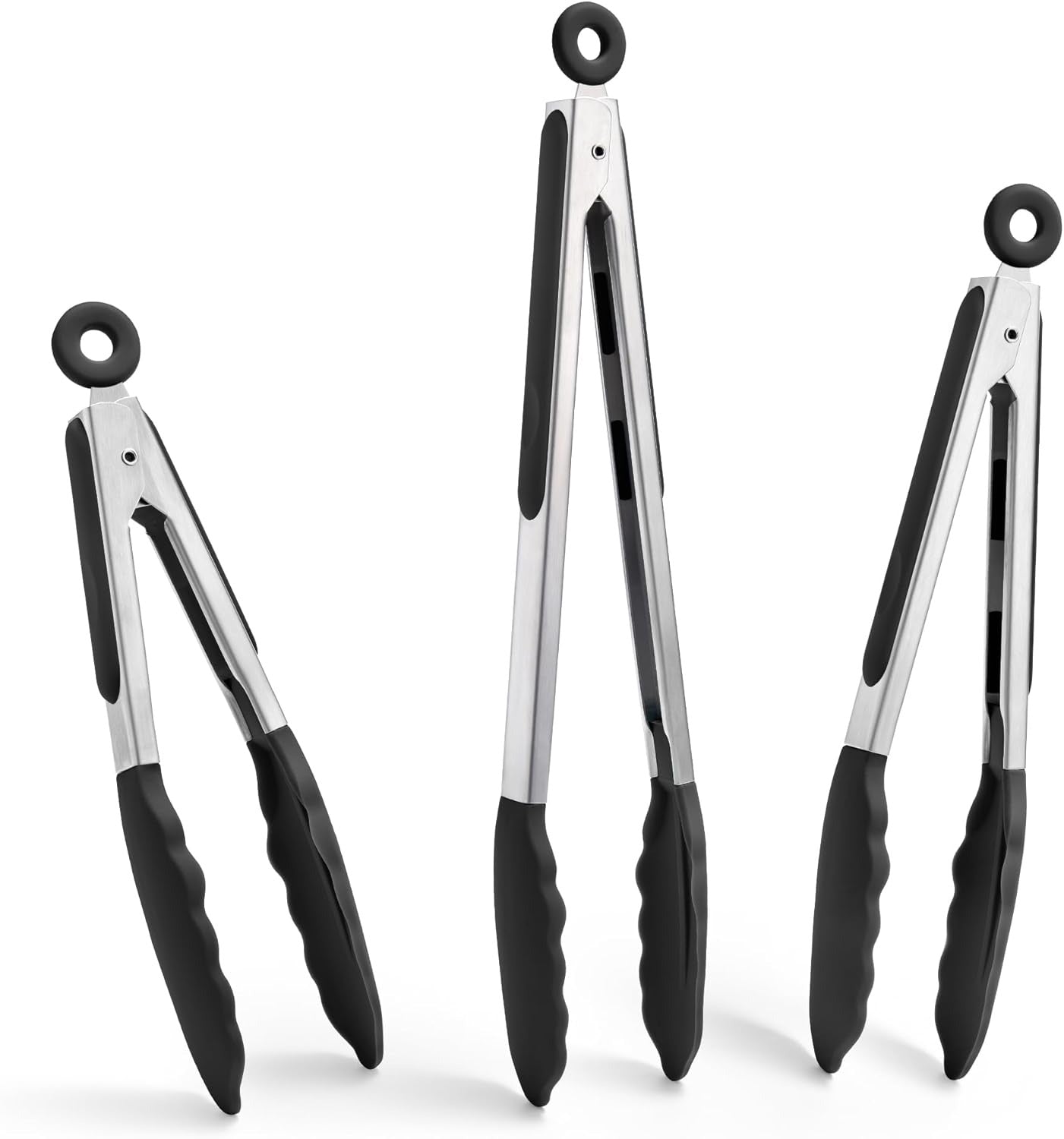 3PCS Kitchen Tongs with Silicone Tips for Cooking Serving 7, 9, 12 Inch, Heavy Duty Stainless Steel Locking Tong for BBQ, Grilling Steak, Salad, Toast, Pasta