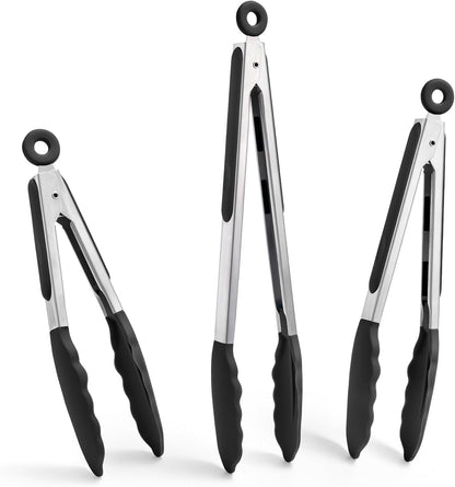3PCS Kitchen Tongs with Silicone Tips for Cooking Serving 7, 9, 12 Inch, Heavy Duty Stainless Steel Locking Tong for BBQ, Grilling Steak, Salad, Toast, Pasta