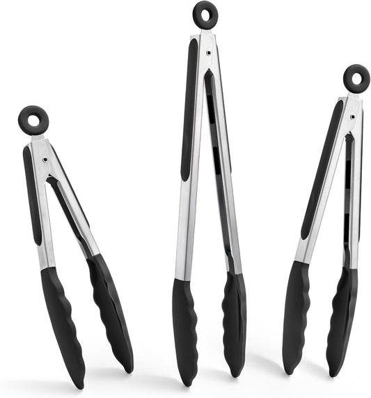 3PCS Kitchen Tongs with Silicone Tips for Cooking Serving 7, 9, 12 Inch, Heavy Duty Stainless Steel Locking Tong for BBQ, Grilling Steak, Salad, Toast, Pasta
