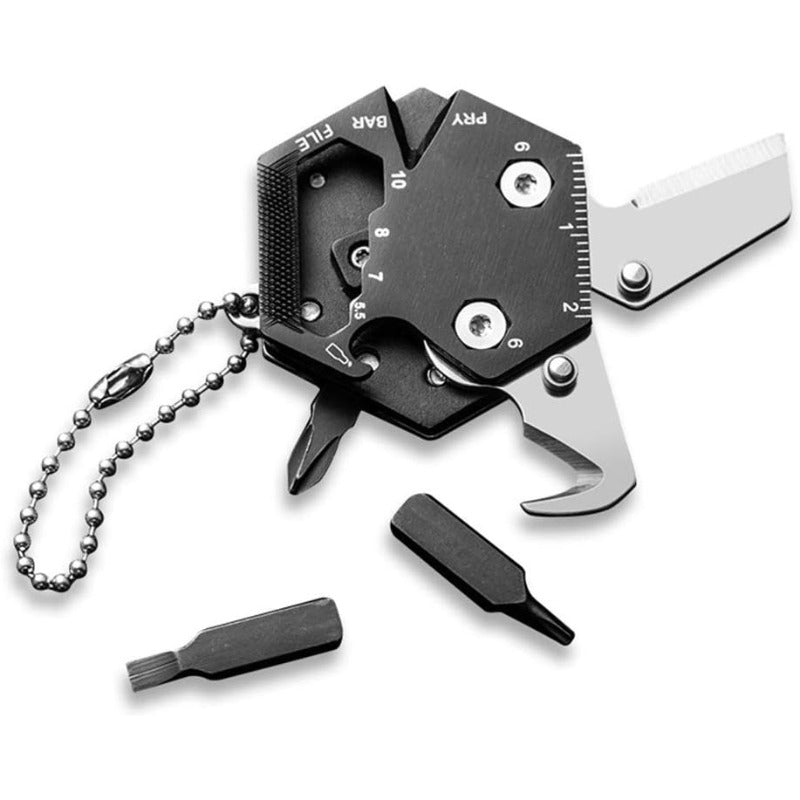 Hexagonal Shape Multi Tool Keychain, Portable Pocket Multitool with Folding Cutter, Screwdriver Set, Bottle Opener, and More for Outdoor Hiking, Camping