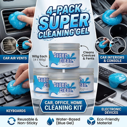 4PCS- Car Cleaning Gel, 160g Jar Dust & Crumb Cleaner for Air Vent Crevices Reusable Non-Sticky Compound, Blue Soft Slime, for Car Interior Console Keyboard Electronics Car Owners