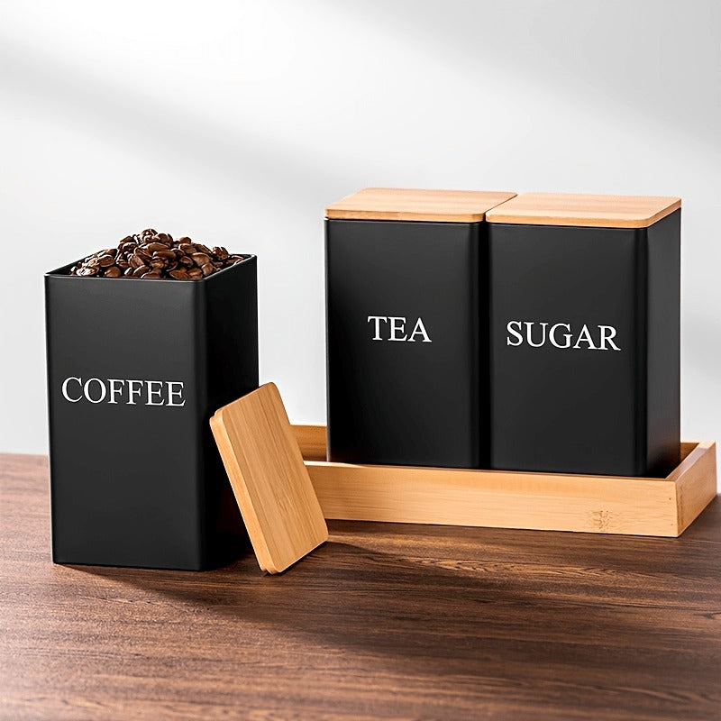 3-Piece Coffee and Snack Storage Canisters Set - Bamboo Lid & Iron Art Display Square Jars for Coffee Beans and Tea