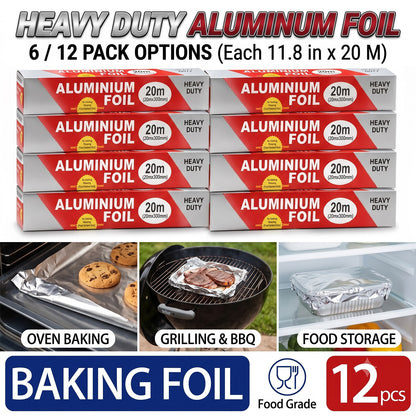 Aluminium Foil Roll, 6/12 Pack (11.8"*20m Each) Heavy Duty Baking Foil Thickened Heat Resistant Food Wrap, Silver Food Grade Aluminium, for Oven Baking BBQ Grilling Food Storage Home Kitchen