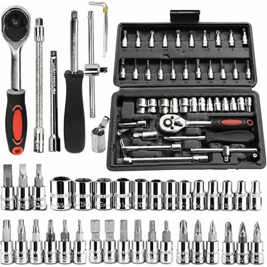 46PCS 1/4 Inches Ratchet Socket Wrench Set, Metric Socket Ratchet Wrenches Set, Ratcheting Wrench Tool Sets for Men, Premium Small Car Tool Kit for Automotive, Household Maintenance and Repairs