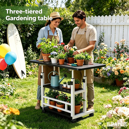 Heavy-Duty Adjustable Height Multi-Purpose Gardening Work Table | Sturdy Metal Frame with Spacious Work Surface, Equipped with 4 Locking Swivel Casters - Ideal for Office, Bedroom, Patio, Gardening &