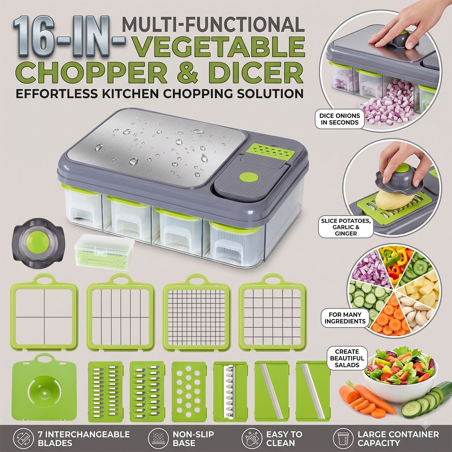 Vegetable Chopper, 16-in-1 Vegetable Dicer with Stainless Steel Chopping Board Top Panel & 4 Storage Drawers Hand Guard Peeler, Grey Green Stainless Steel, for Onion Garlic Salad Prep Home Kitchen