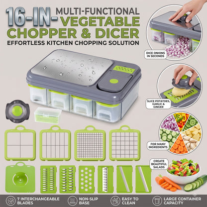 Vegetable Chopper, 16-in-1 Vegetable Dicer with Stainless Steel Chopping Board Top Panel & 4 Storage Drawers Hand Guard Peeler, Grey Green Stainless Steel, for Onion Garlic Salad Prep Home Kitchen