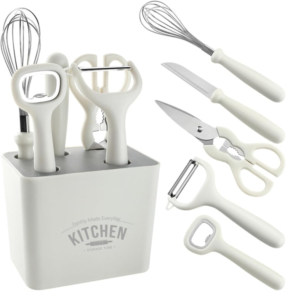 Multi Functional Kitchen Small Tool Set, 6-piece Set with Storage Stand, Fruit Food Tool Combination Set(Includes scissors, paring knife, bottle opener, grater, blender, storage base)