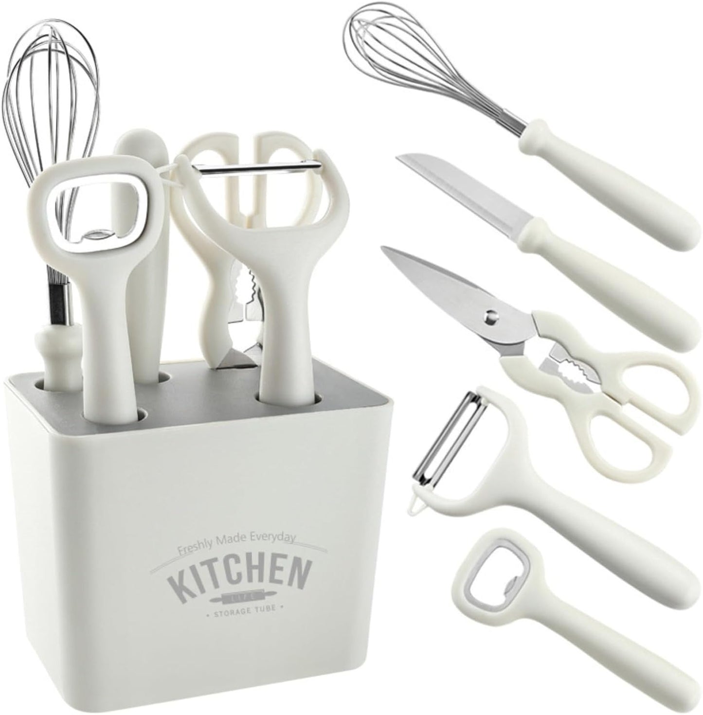Multi Functional Kitchen Small Tool Set, 6-piece Set with Storage Stand, Fruit Food Tool Combination Set(Includes scissors, paring knife, bottle opener, grater, blender, storage base)