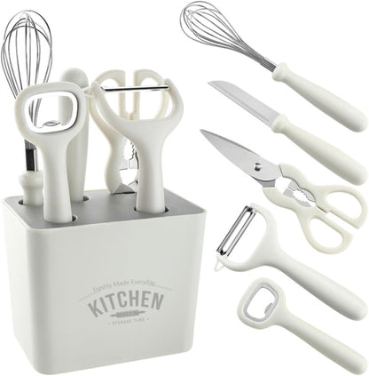 Multi Functional Kitchen Small Tool Set, 6-piece Set with Storage Stand, Fruit Food Tool Combination Set(Includes scissors, paring knife, bottle opener, grater, blender, storage base)