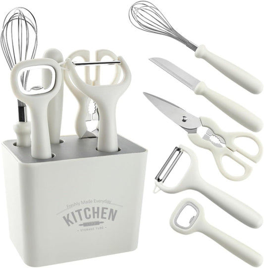 Multi Functional Kitchen Small Tool Set, 6-piece Set with Storage Stand, Fruit Food Tool Combination Set(Includes scissors, paring knife, bottle opener, grater, blender, storage base)