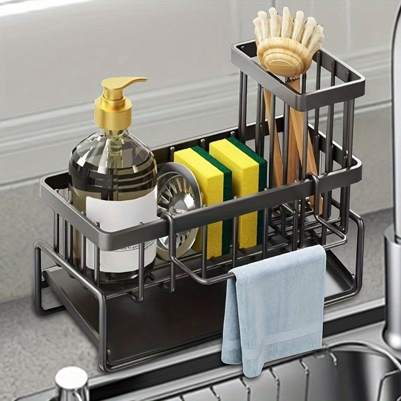 Multi functional metal kitchen sink storage rack with detachable brush holder - self draining storage rack for sponges, scrubbers, and detergent bottles, including cloth hanging trough, sponge and towel rack | Modern kitchen accessories