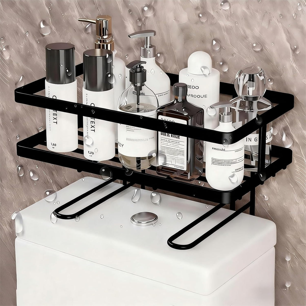 Over The Toilet Storage Rack - Bathroom Organizer Shelf, Floating Shelves with Hooks, No-Drill, Toilet Paper Holder for Restroom Bathroom Vanity Kitchen (Black, 1 Tier)
