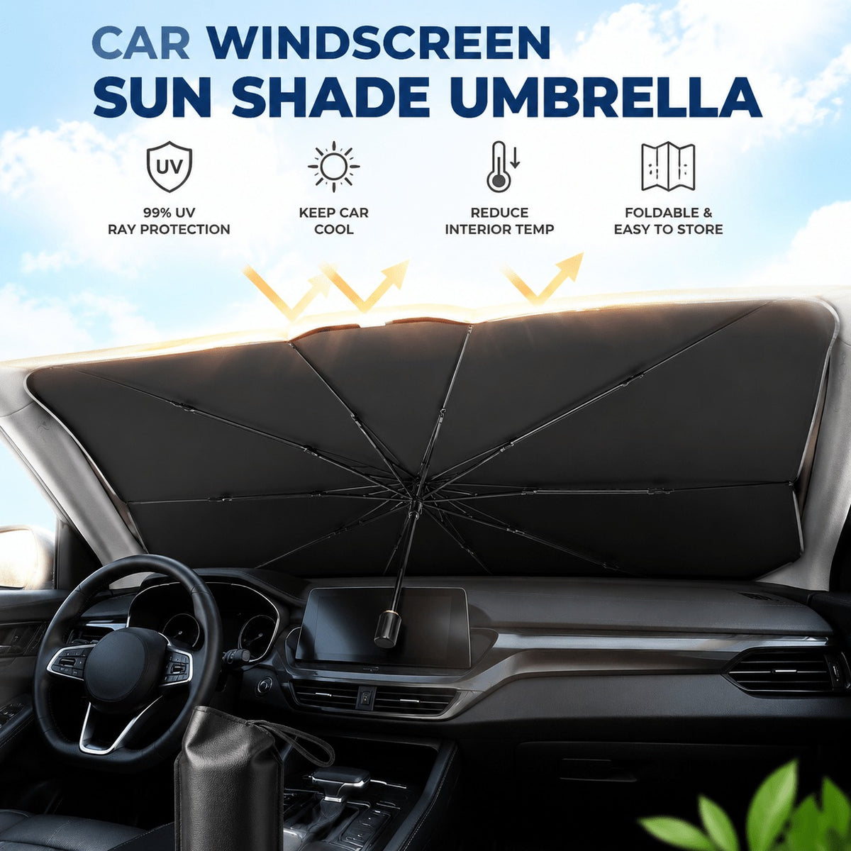 Car Windscreen Sun Shade Umbrella, Large Size 99% UV Ray Heat Blocking Foldable Sun Visor Shield with Pouch, Titanium Silver Coating Metal, for Car Front Window SUV Van Owners