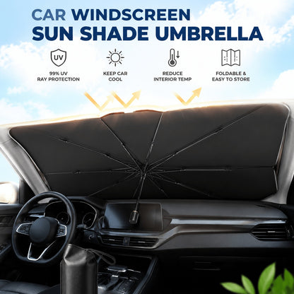 Car Windscreen Sun Shade Umbrella, Large Size 99% UV Ray Heat Blocking Foldable Sun Visor Shield with Pouch, Titanium Silver Coating Metal, for Car Front Window SUV Van Owners