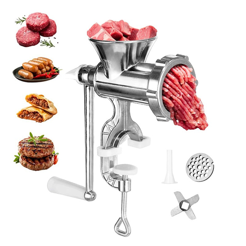 Manual Meat Grinder,304 Stainless Steel Hand Meat Grinder for Home Use, Food Grinder Manual Mincer Hand Crank with Sausage Funnels, Hand Operated Kitchen Tool for Pork, Chili, and Sausage, Silver