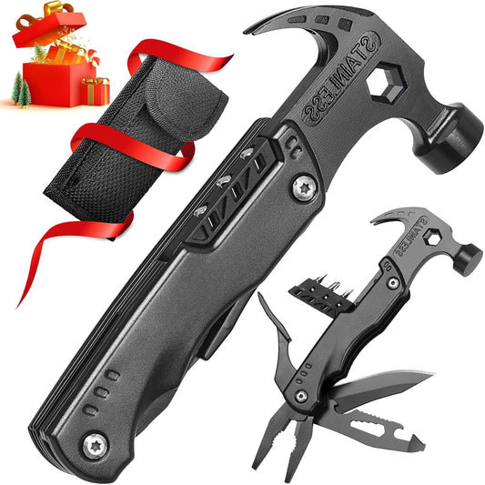 15 in 1 heavy-duty camping hammer multifunctional tool with knife, hammer, saw, screwdriver, bottle opener, and pliers - suitable for camping, construction DIY- Multi functional survival tool for emergency situations, equipped with a portable sheath,