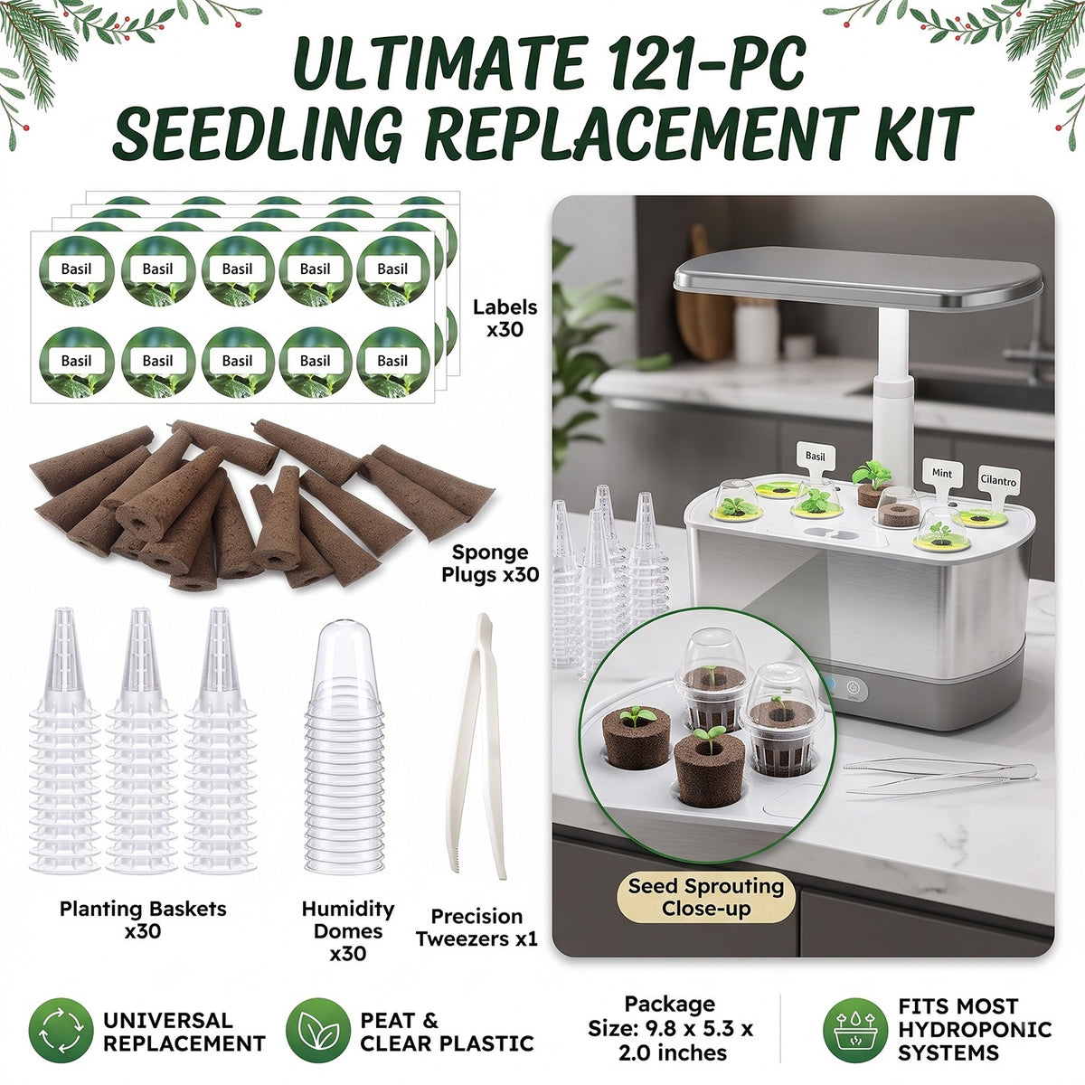 Seed Pod Kit, 121Pcs Set (30 Sponges, 30 Baskets, 30 Domes, 30 Labels, 1 Tweezer) 9.8"*5.3"*2.0" Universal Replacement, Clear Plastic & Peat, for Indoor Hydroponic Growing System Herbs Gardeners
