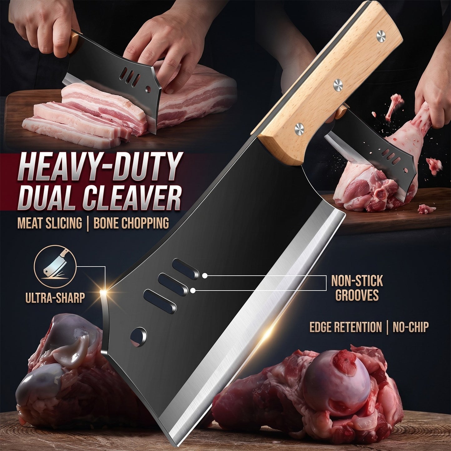 Meat Cleaver Knife, Heavy Duty Dual-Purpose Bone Chopping & Slicing Cleaver with Non-Stick Slots, Ultra Sharp Black Stainless Steel & Solid Wooden Handle, for Kitchen Butchering Meat Cutting Home Restaurant Chefs