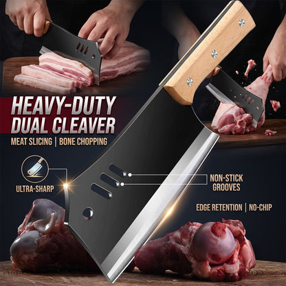 Meat Cleaver Knife, Heavy Duty Dual-Purpose Bone Chopping & Slicing Cleaver with Non-Stick Slots, Ultra Sharp Black Stainless Steel & Solid Wooden Handle, for Kitchen Butchering Meat Cutting Home Restaurant Chefs