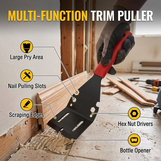 Trim Puller Tool, Multi-Function Pry Bar Nail Puller with 90 Degree Angled Scraper Blade & Hex Wrench Slots, Red & Black High Carbon Steel, for Baseboard Molding Tile Floor Removal DIYers Builders