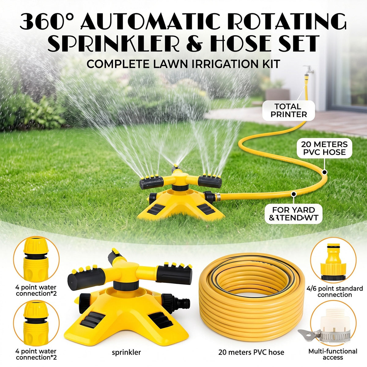 Garden Sprinkler with Hose Set, 360° Automatic Rotating Water Sprinkler with 20m PVC Hose Pipe & 1/2' Connectors, Yellow Black ABS Plastic, for Yard Lawn Irrigation Grass Watering