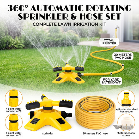 Garden Sprinkler with Hose Set, 360° Automatic Rotating Water Sprinkler with 20m PVC Hose Pipe & 1/2' Connectors, Yellow Black ABS Plastic, for Yard Lawn Irrigation Grass Watering